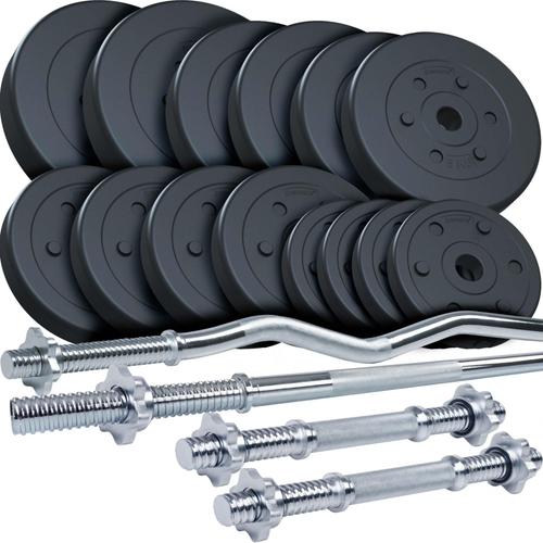 Scsports® Lot D'haltères - 80 Kg, 2 Barres Courtes + 1 Curl + 1 Longue En Chrome, 14 Disques, Noir - Set De Poids De Musculation Gym