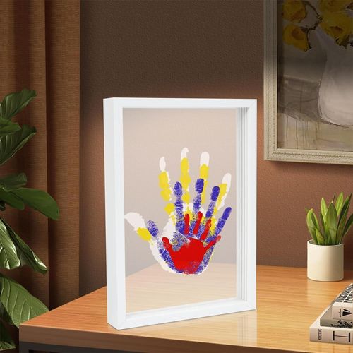 Kit d'Empreintes de Mains Familiales,Cadre en Bois Souvenir Artisanal,Coffret Cadeau,Peintures Non Toxiques,Feuilles Transparentes,Cadeaux pour parents et futurs parents (Blanc).[Q894]