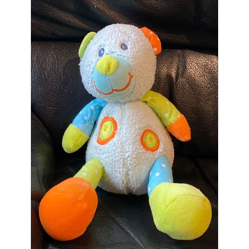 Doudou Babysun Baby Sun Ours Bleu Rond Vert Orange Grelot 25cm