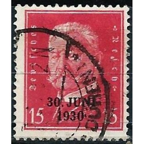 Allemagne, Rép. De Weimar 1930, Beau Timbre Yvert 426b, Maréchal Hindenburg 15pf Rouge Surchargé "30 Juni 1930", Date Du Départ Des Troupes Alliées De Mayence, Oblitéré, Tbe.