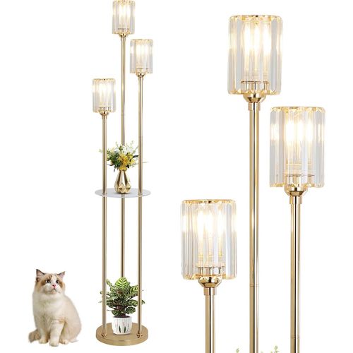 Lampadaire Moderne Avec Etagères, Lampadaire Or 3 Lumières Pour Le Salon, Lampe Sur Pied En Cristal Avec Abat-Jour En Verre Et Interrupteur À Pied, Lampes Sur Pied En Laiton Pour Le Bureau.[G97]