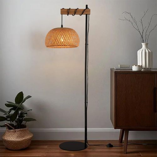 Lampe De Sol Boho En Rotin, Lampe Industrielle En Bambou Sur Pied Avec Interrupteur À Pied, Lampe De Sol Moderne Noire Tissée Pour Îlot De Cuisine, Chambre À Coucher, Bureau, Restaurant.[G733]