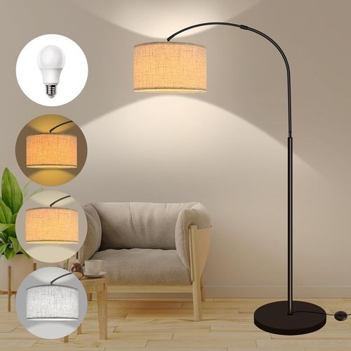 Lampe arc lampadaire salon avec 3 températures de couleur, ampoule E27 12W fournie, abat-jour en lin, interrupteur au pied, lampadaire LED dimmable Convient pour chambre, lecture, bureau, etc.[G72]