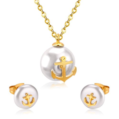 Parure De Bijoux De Luxe En Acier Inoxydable, Ensemble De Bijoux À Fleurs Dorées, Imitation De Perle Blanche, Pendentif, Boucles D'oreilles, Colliers De Mariée