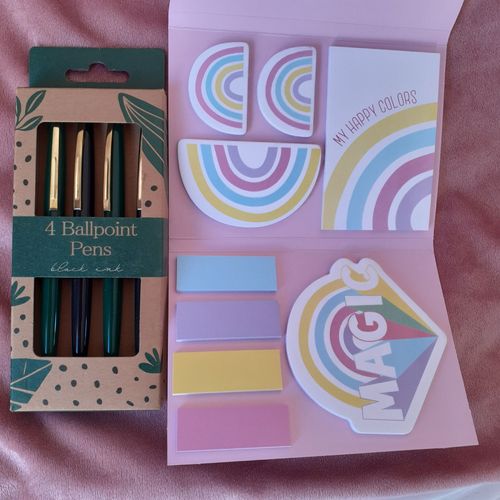 Papeterie: Boîte 4 Stylos-Billes +Bloc Notes Adhésives