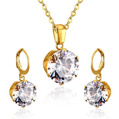 Parure De Bijoux De Luxe En Acier, Ensemble De Bijoux Délicats, Breloque, Blanc/Noir/Bleu/Bleu Foncé/Rose, Pendentif En Cristal, Collier, Boucles D'oreilles De Mariage
