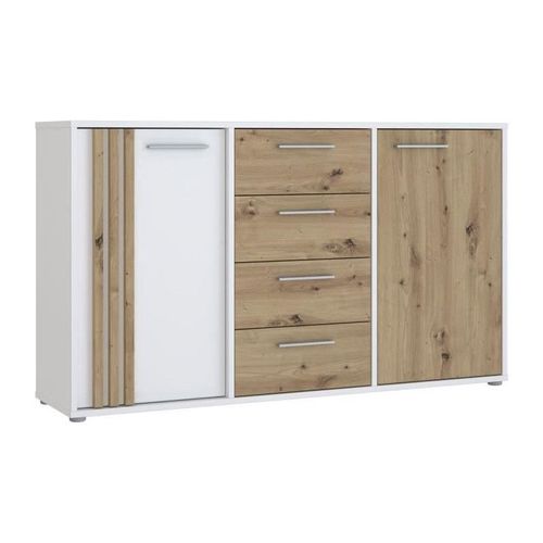 Buffet Cardigan 2 Portes, 4 Tiroirs - Décor Chêne Artisan Et Blanc - L142,6 X P34,2 X H82,3 Cm - Poignées En Métal Effet Aluminium