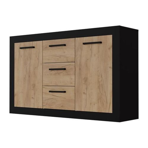 Buffet Stone Indus 2 Portes + 3 Tiroirs - Mélaminé Chene Rustique Et Noir - Style Industriel - L147 X P37 X H89 Cm
