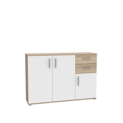 Meuble De Rangement Ikoli - 3 Portes, 2 Tiroirs - Décor Chene Sonoma Et Blanc - L119,6 X P31,4 X H81,7 Cm - Poignées En Plasti