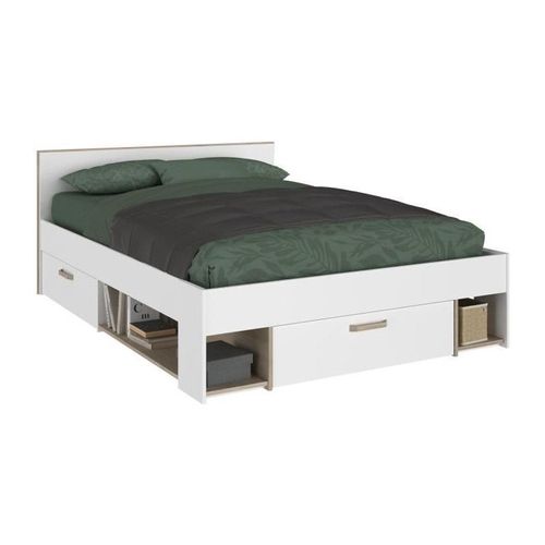 Lit Adulte Dream 140 X 190/200 Cm - 3 Tiroirs - Décor Blanc Et Chene - Parisot