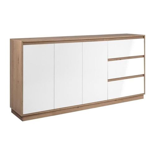 Buffet - Phoenix - Décor Chene Artisan / Blanc Hgl - 3 Portes - 3 Tiroirs - 178 X 88 X 40 Cm