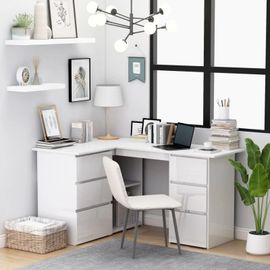 Bureau D'angle Blanc Brillant 145x100x76 Cm Bois D'ingénierie