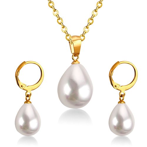 Ensemble De Bijoux De Mariée En Acier De Luxe, En Forme De Goutte D'eau, Blanc/Noir/Rouge/Bleu, Pendentif En Perle, Collier Pour Femmes, Boucles D'oreilles Tombantes