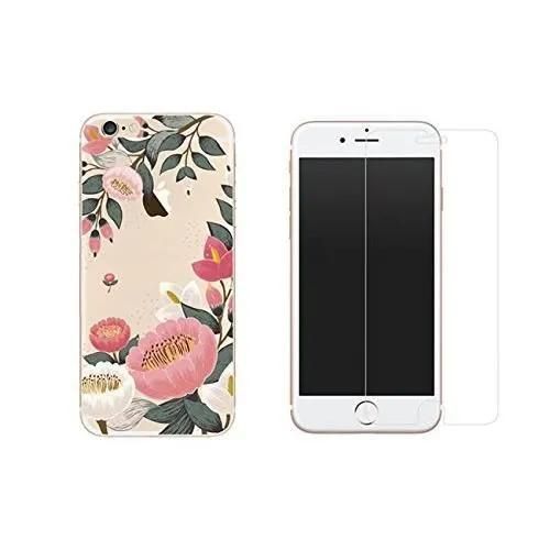 Iphone 8, Iphone 7 - Combo 1 Coque Gel Transparente Solide Anti Choc + 1 Film En Verre Trempé Résistant (Grosse Fleur)
