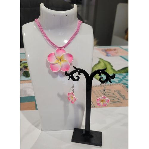 Parure Collier + Boucles D'oreilles Fleur De Tahiti Rose Clair !