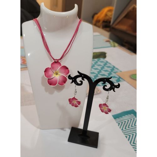 Parure Collier + Boucles D'oreilles Fleur De Tahiti Rose Fonce !