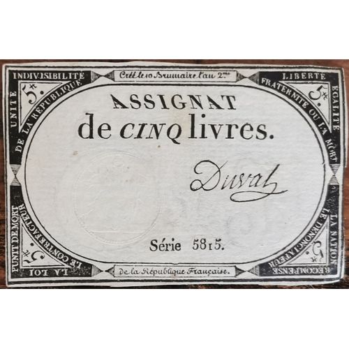 Assignat 5 Livres - 10 Brumaire L'an 2 - Série 5815 - Duval