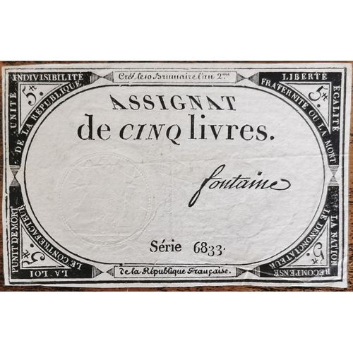 Assignat 5 Livres - 10 Brumaire L'an 2 - Série 6833 - Fontaine