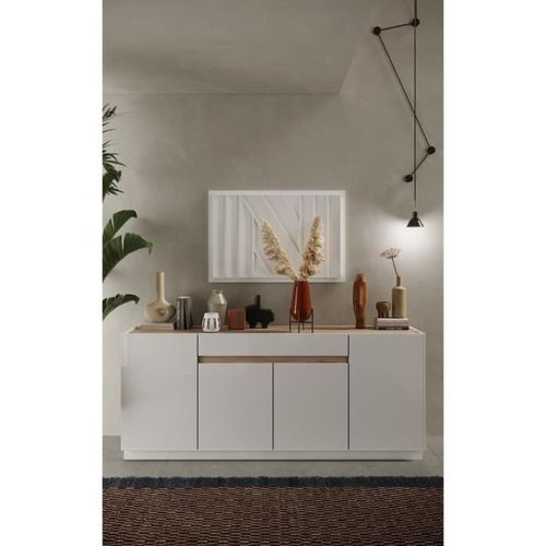 Buffet 4 Portes + 1 Tiroir Fantasy Blanc Laqué-Chêne Cadiz 205 Cm