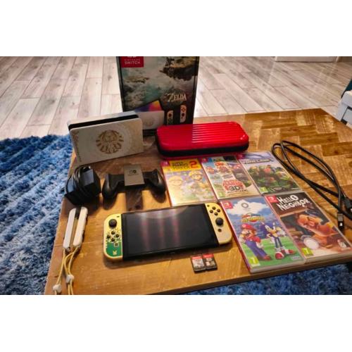 Nintendo Switch Oled Zelda Édition Limitée + 7 Jeux Chargeur Switch Câble Hdmi Doc Switch Cok De Switch