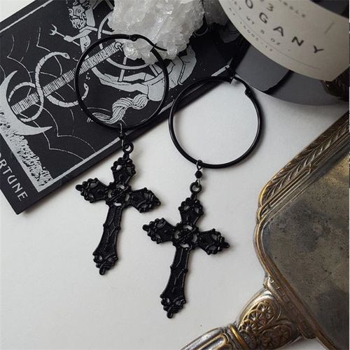 Boucles D'oreilles Gothiques À Breloques En Croix Sculptée Pour Femmes, Accessoires De Bijoux À La Mode, Pendentif En Croix Noire, Cercle Cadeau, Crochet
