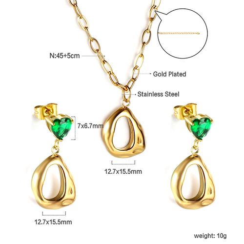 Luxusteel-Ensemble De Bijoux Vintage En Acier Inoxydable Pour Femme, Collier, Boucles D'oreilles, Géométrique, Irrégulier, Clip Vert, Clous De C¿Ur
