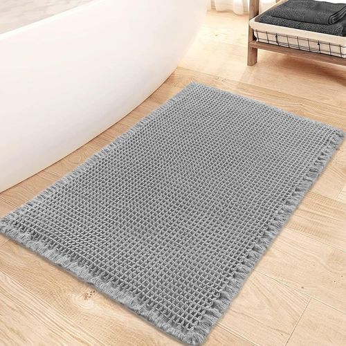 Waffle - Tapis De Bain Super Absorbant - 43 X 61 Cm - Antid¿¿rapant - Lavable En Machine - Confortable - Avec Pompons - Style Boh¿¿me - Pour Sol De Salle De Bain (Marron)