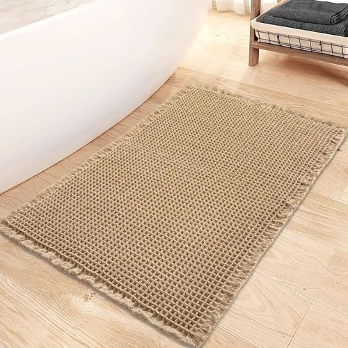 Waffle - Tapis De Bain Super Absorbant - 61 X 91 Cm - Antid¿¿rapant - Lavable En Machine - Confortable - Avec Pompons - Style Boh¿¿me - Pour Sol De Salle De Bain (Marron)