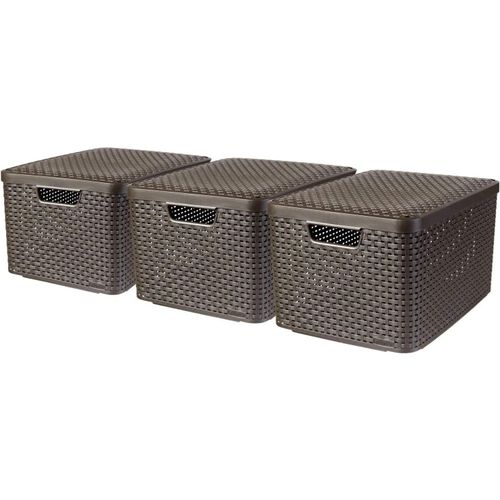 Lot De 3 Boîtes Avec Couvercle - 3 Caisses (6l+18l+30l) Avec Un Design Rotin Tressé Pour Salle De Bain, Chambre, Bureau - Poignées Ergonomiques - Marron Foncé