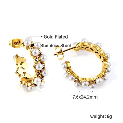 Luxusteel-Boucles D'oreilles Vintage En Acier Inoxydable Pour Femme, Perle En Forme De C, Huggie, Clip Blanc Et Vert, Bijoux En Métal