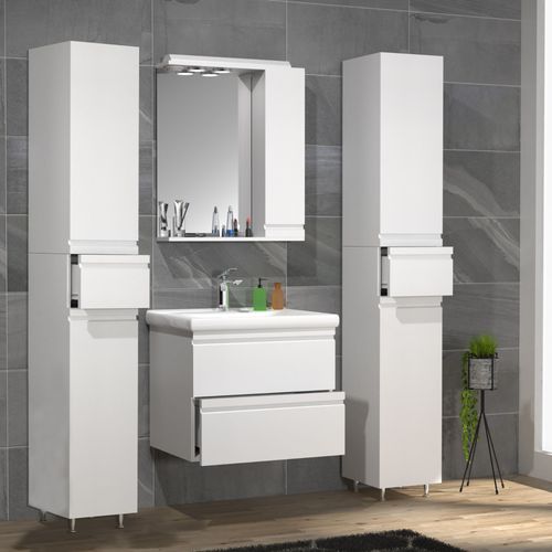 Vcm 5 Pcs. Plan De Toilette Lavabo 60 Cm Ensemble De Meubles De Salle De Bain Lavabo Sans Poignée Tiroir Armoire De Toilette Armoire Haute Silora L