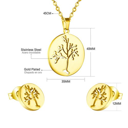 Ensemble De Boucles D'oreilles Et Collier Arbre De Vie En Acier Inoxydable Pour Femmes Et Filles, Pendentif Rond Creux En Cz, Bijoux De Mariage De Couleur Or