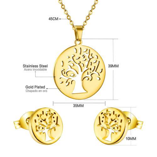 Ensemble De Boucles D'oreilles Et Collier Arbre De Vie En Acier Inoxydable Pour Femmes Et Filles, Pendentif Rond Creux En Cz, Bijoux De Mariage De Couleur Or