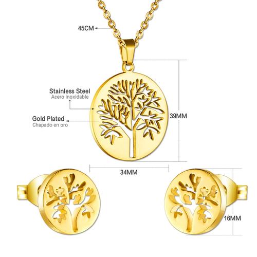 Ensemble De Boucles D'oreilles Et Collier Arbre De Vie En Acier Inoxydable Pour Femmes Et Filles, Pendentif Rond Creux En Cz, Bijoux De Mariage De Couleur Or