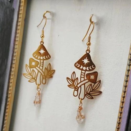 Boucles D'oreilles En Forme De Champignon Plaqué Argent Pour Femmes Et Filles, Accessoires De Bijoux Boho, Cristal Vert, Phase De Lune, Crochets D'oreille, Cadeau