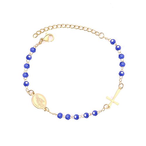 Bracelet De Luxe En Acier Inoxydable Avec Perles En Cristal, Croix De Jésus, Chaîne De Main D'extension En Acier Inoxydable Pour Femmes, Bijoux De Plage D'été Rose/Bleu