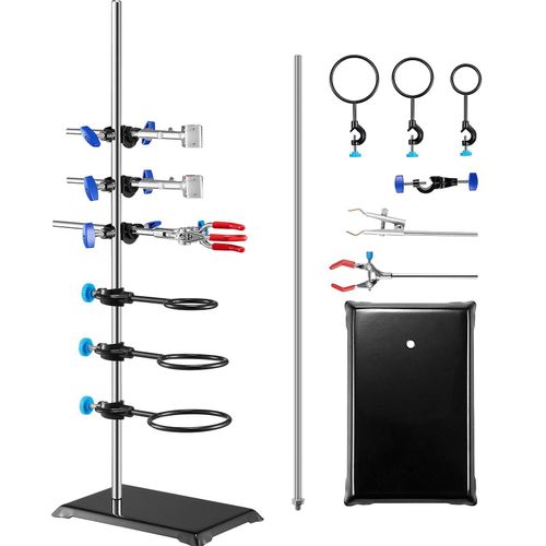 Support de support de laboratoire, tige de 23,6 po en acier et base en fonte de 8,3 po x 5,3 po, comprend des pinces pour flacon, une pince à burette et des pinces transversales