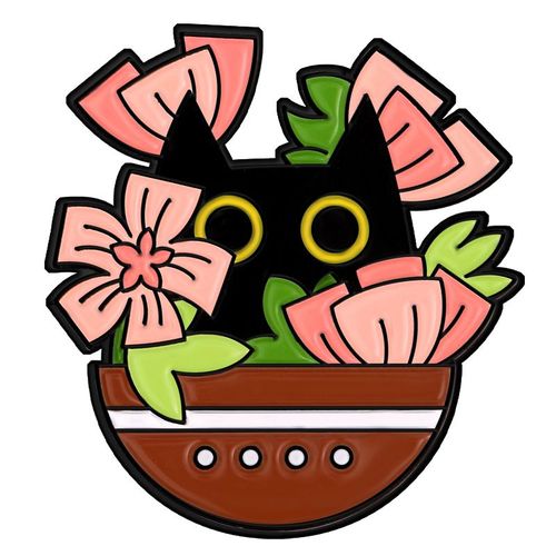 Broche En Émail De Chat Noir Mignon, Plante Quantique, Fleur En Pot, Pierres D'ange, Insigne En Métal De Dessin Animé De Chat, Épinglettes Punk, Accessoires De Bijoux