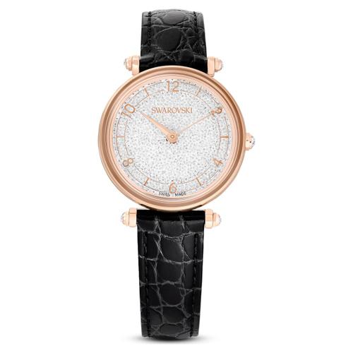 Montre Crystalline Wonder, Fabriqué En Suisse, Bracelet En Cuir, Noir, Finition Or Rose