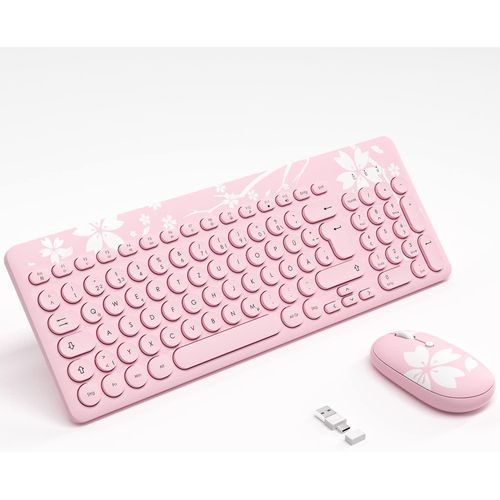 Jeu De Souris Sans Fil Rose Qwertz,Clavier Allemand,Cl¿¿ Ronde R¿¿tro,2.4 G Type C/Usb A,R¿¿cepteur Silencieux,Souris Combo Avec Pav¿¿ Num¿¿rique Pour Pc, Ordinateur Portable, Mac, Windows, Sakura