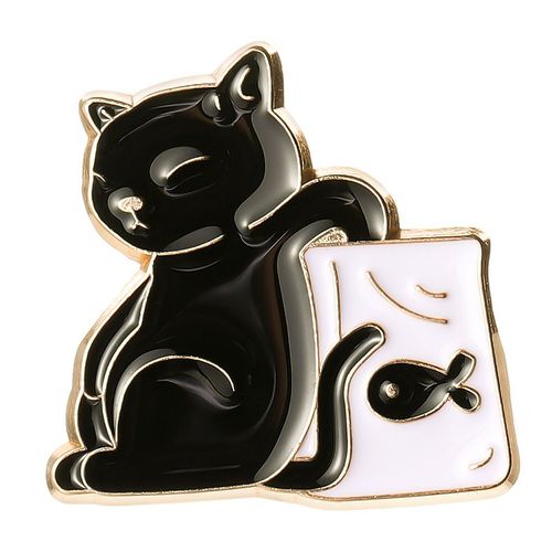 Broche En Émail Chat Noir Mignon, Poignard, Couronne De Chat, Plante, Rose, Livre, Café, Sac De Poisson, Insigne Animal Créatif, Épinglette En Métal, Bijoux