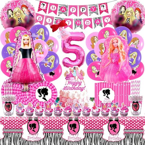 104 Pcs Anniversaire Decoration Barb, Decoration Anniversaire Fille 5 Ans Barb, Vaisselle Anniversaire Barb, Ballon Helium Barb, Assiette Gobelet Barb, Serviette Papier Barb, Nappe, Barb Deco Gateau