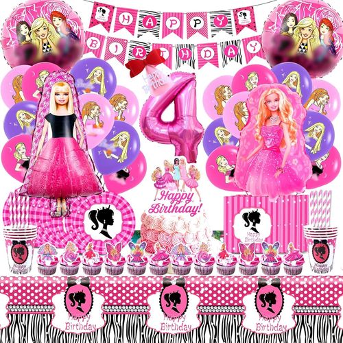 104 Pcs Anniversaire Decoration Barb 4 Ans, Vaisselle Anniversaire Fille, Ballon Helium Barb, 4 Ans Ballon Barb, Assiette Gobelet Anniversaire, Serviette Papier, Nappe Anniversaire, Barb Deco Gateau
