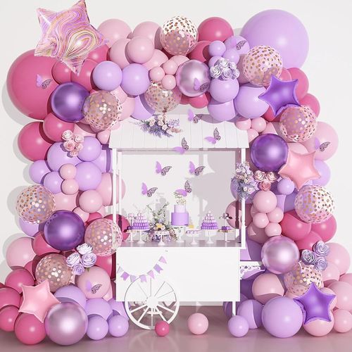 180pi¿¿Ces Kit Arche Violet Rose Ballon Guirlande Fille Anniversaire Violet Rose F¿ºte D¿¿Coration 12pi¿¿Ces Autocollant Papillon ¿¿Vid¿¿ Pour F¿ºtes D'anniversaire Baby Shower Mariage Graduation D¿¿Coration