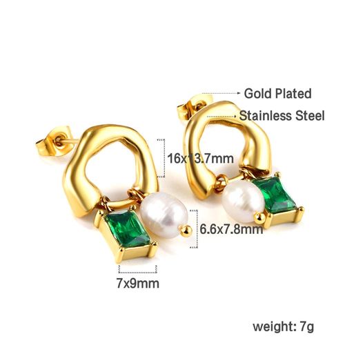 Luxusteel-Boucles D'oreilles Pendantes De Fiançailles Pour Femmes, Bijoux En Acier Inoxydable, Zircon Cubique Vert Bling, Perle Naturelle Cz, Boucle D'oreille Irrégulière, Contre-Indiqué