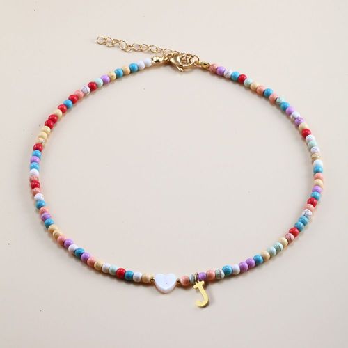 Collier Bohème Initiale Pour Femme Coeur Nom Ras Du Cou En Acier Inoxydable A-Z Lettre Pendentif Pierre Naturelle Perle Collares Réglable