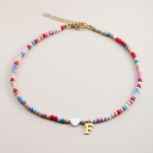 Collier Bohème Initiale Pour Femme Coeur Nom Ras Du Cou En Acier Inoxydable A-Z Lettre Pendentif Pierre Naturelle Perle Collares Réglable