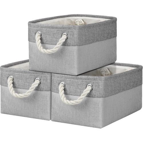 Lot de 3 petites boîtes de rangement pliables en toile pour étagères, jouets, chaussettes, serviettes, DVD, livres, maquillage et articles de toilette (31 x 21 x 16 cm, gris et gris clair)