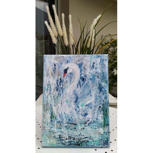 Tableau Peinture Acrylique Abstraite Cygne "L'élégance Gracieuse" Sur Toile 100% Coton, Peinture Oiseaux, 33 × 24 Cm
