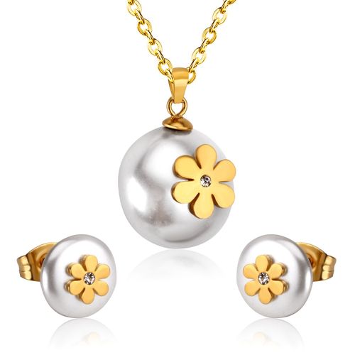 Parure De Bijoux De Luxe En Acier Inoxydable, Ensemble De Bijoux À Fleurs Dorées, Imitation De Perle Blanche, Pendentif, Boucles D'oreilles, Colliers De Mariée